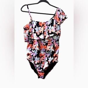 Time and Tru Floral One Piece Swimsuit - Black, Pink, Orange size XL